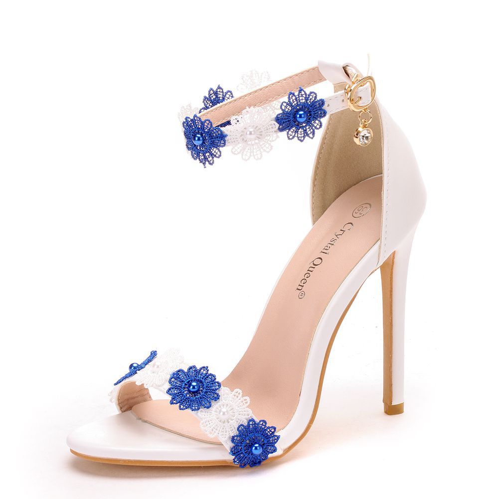 11Cm Lace Beaded Sandals Stiletto Large Size Open Toe Hollow One-Word Buckle Sandals Female High Heels
