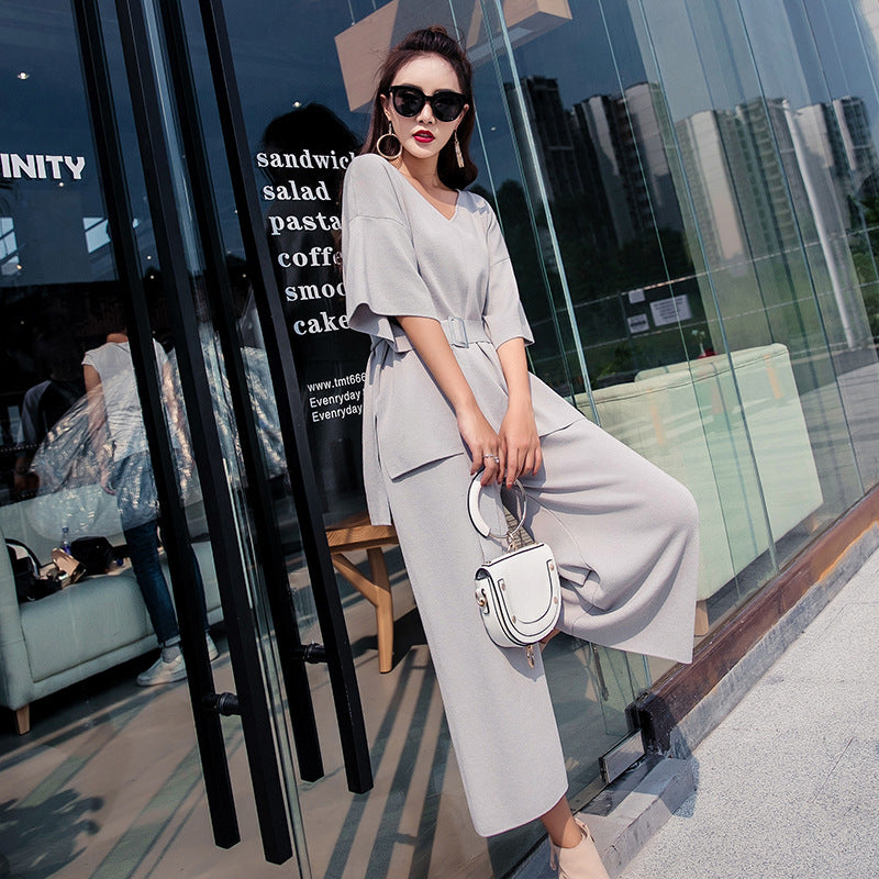 Casual Chic Two-Piece SetAutumn New Ladies Fashion Five-point Sleeve Loose Casual Knit Suit Wide Leg Pants Two-piece Female Trend